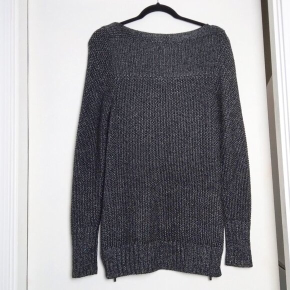 Black & Silver Metallic Knit Long Boat Neck Pullover Sweater Zip Detail Sz S/P - Picture 5 of 9